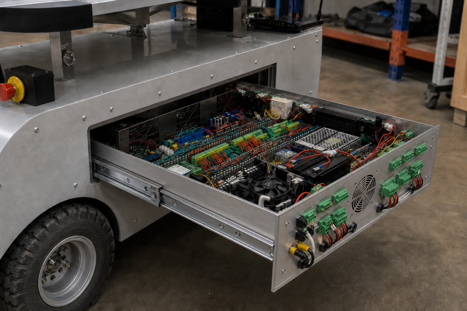 Botworx AMR in a side service view with its internal electronics and control tray extended on rails
