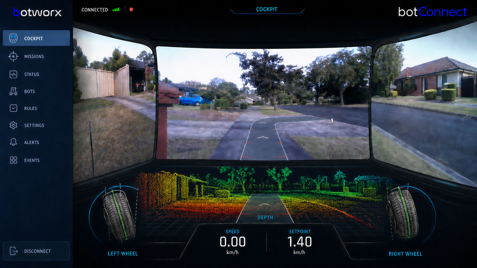BotConnect spatial teleoperation cockpit with panoramic camera, augmented path, depth mapping and steering feedback