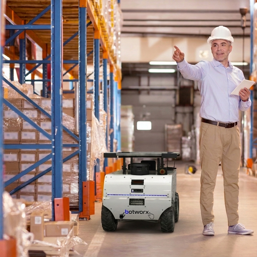 Manager directing BotMover in warehouse
