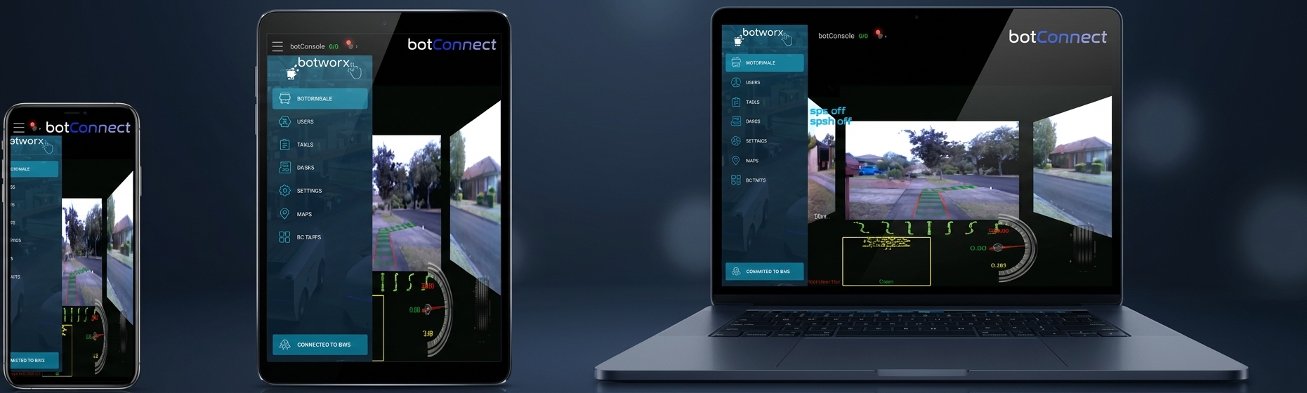 BotConnect fleet management software running on phone, tablet, and laptop